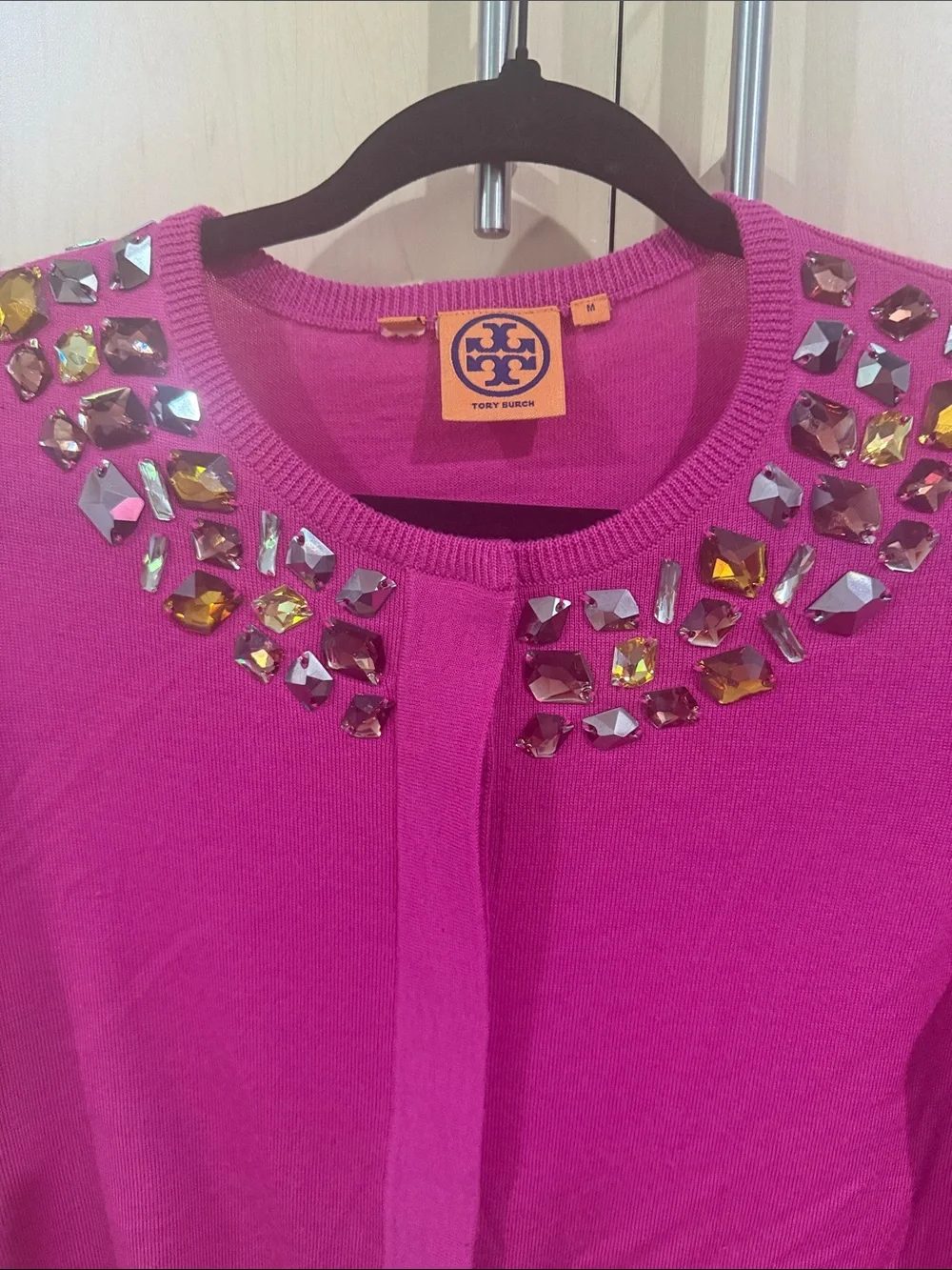 Tory Burch Jeweled Fuchsia Crewneck Cardigan